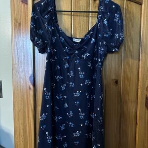 Floral Navy Blue Dress with Puff Sleeves